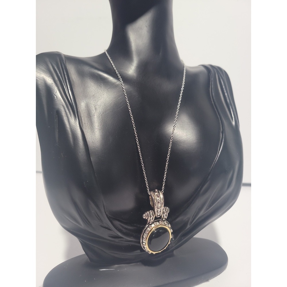 Black Cabochon Pendant Necklace Silver Gold Tone Ornate Statement Jewelry